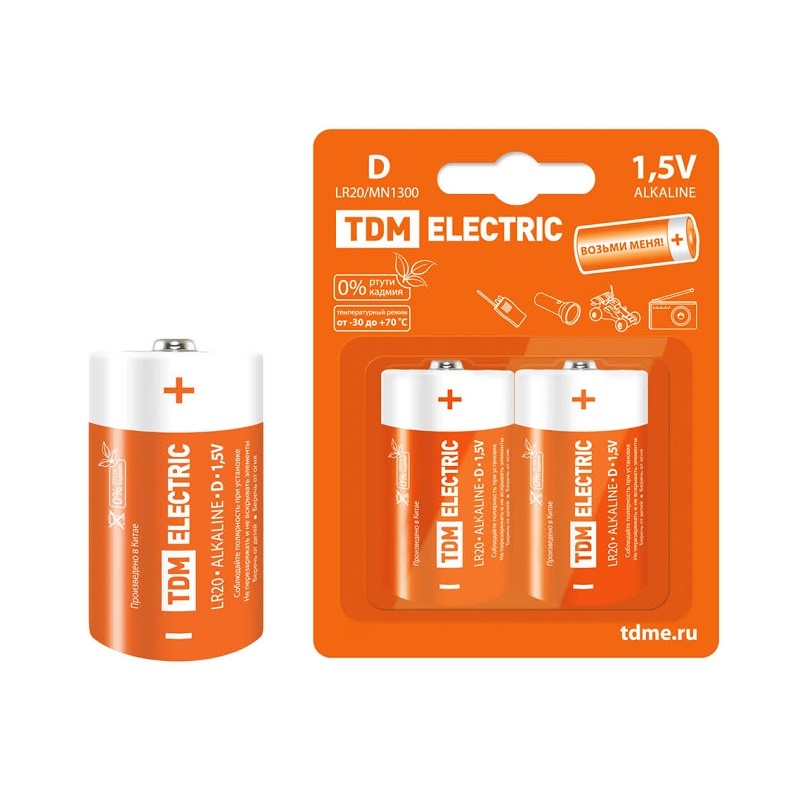 Батарейки алкалиновые TDM тип LR20/D, 1,5 В (2 шт)