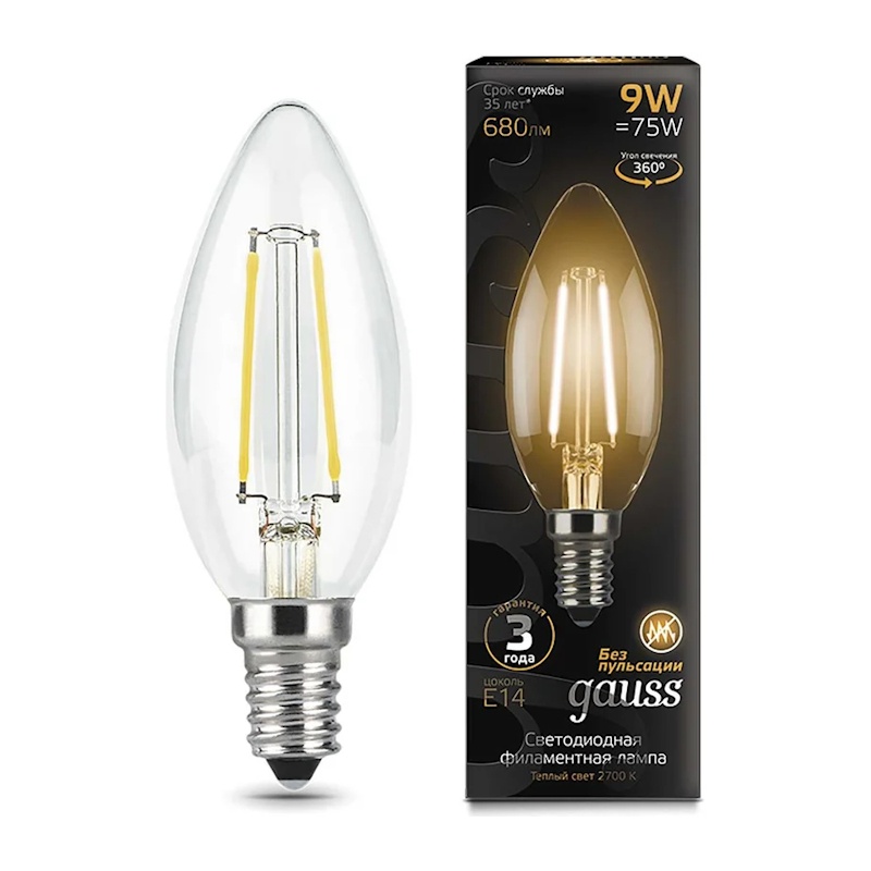 Лампа филаментная Gauss Black LED E14, свеча, 9Вт, 2700К, тепл.свет
