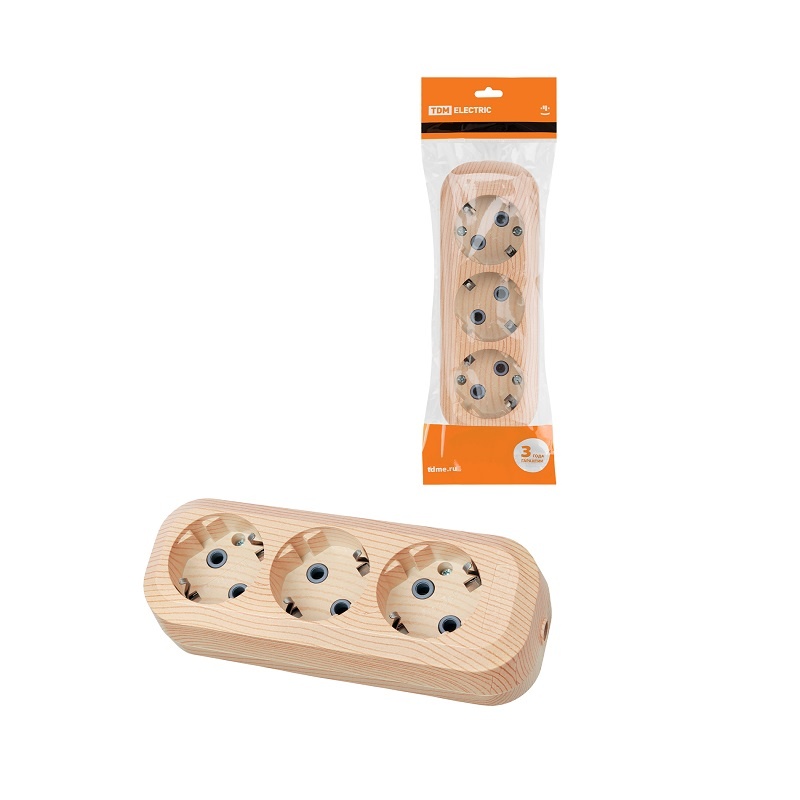 Колодка 3 гнезда, с/з, 16А, светлое дерево