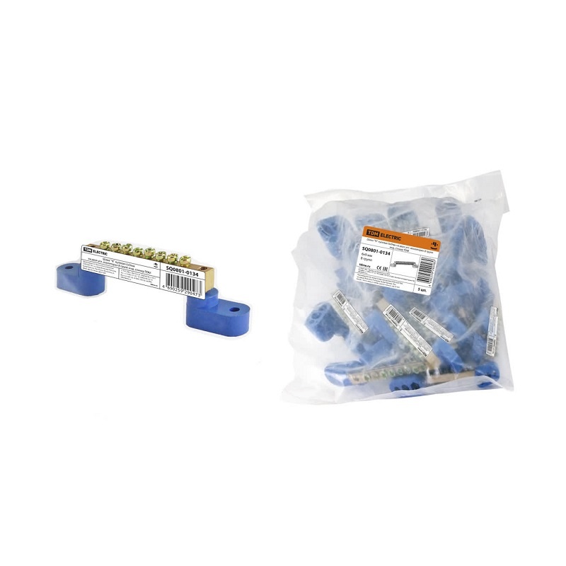 Шина "N" нулевая на двух угловых изоляторах 100А, 6х9мм (8 отв.)