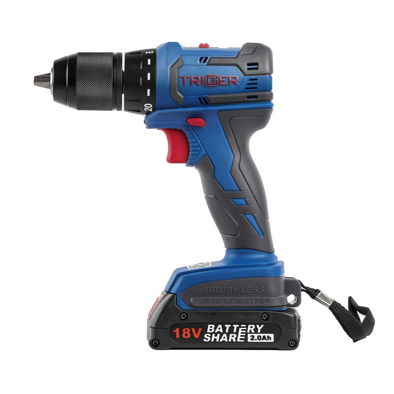 Дрель-шуруповерт Trigger 20111, бесщеточная, 2 аккумулятора Li-ion (2Ач), 18V, 13 мм, 72 Нм, кейс