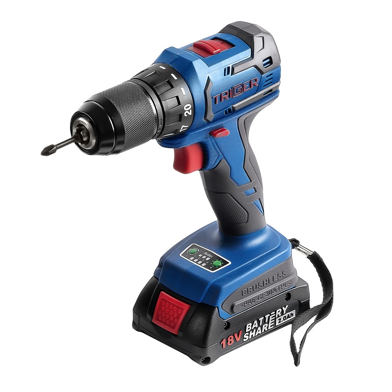 Дрель-шуруповерт Trigger 20111, бесщеточная, 2 аккумулятора Li-ion (2Ач), 18V, 13 мм, 72 Нм, кейс